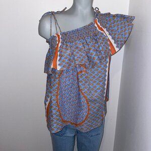 Antik Batik Austin one shoulder ruffled floral print cotton blue orange small